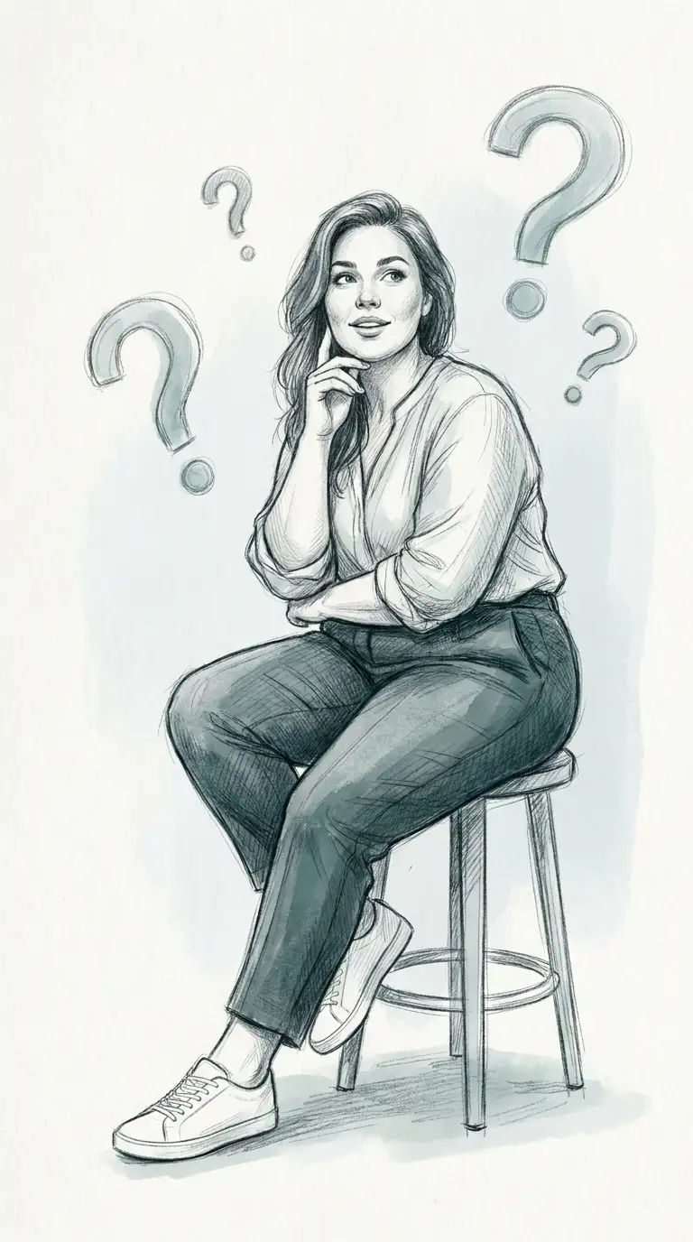 Esquisse au crayon d'une femme au corps naturel, sereine, entourée de points d'interrogation
