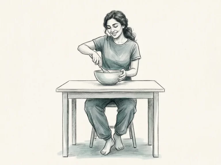 Esquisse au crayon d'une femme arabe au corps ordinaire, pieds nus, préparant de la nourriture avec joie