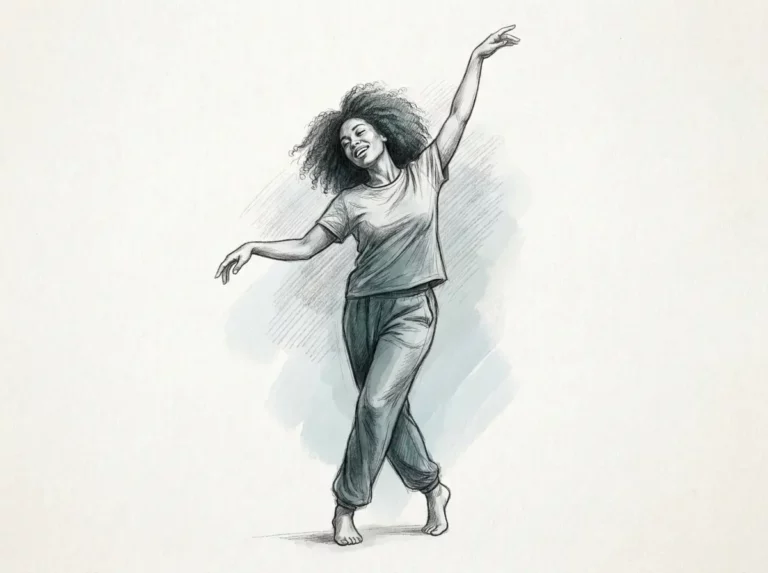 Esquisse au crayon d'une femme africaine au corps ordinaire, pieds nus, en mouvement libre de danse
