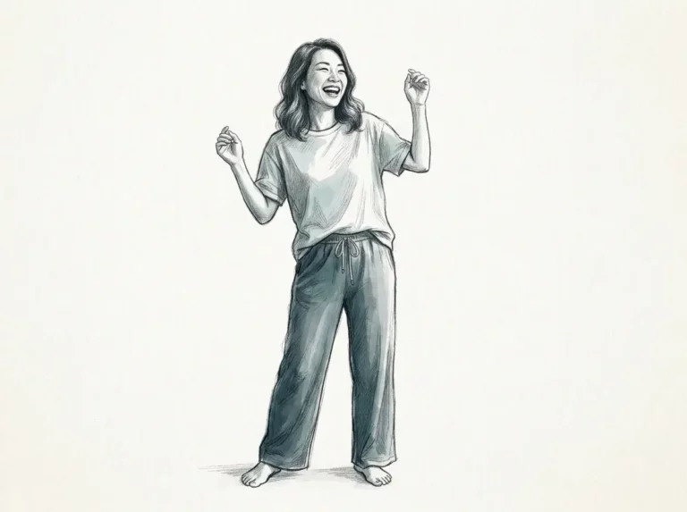 Esquisse au crayon d'une femme asiatique au corps ordinaire, pieds nus, dans un moment de rire et de jeu spontané
