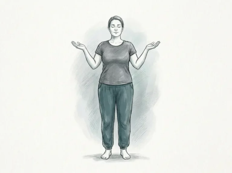 Esquisse au crayon d'une femme au corps ordinaire, pieds nus, en tenue décontractée, centrée et sereine, symbolisant le Tantra